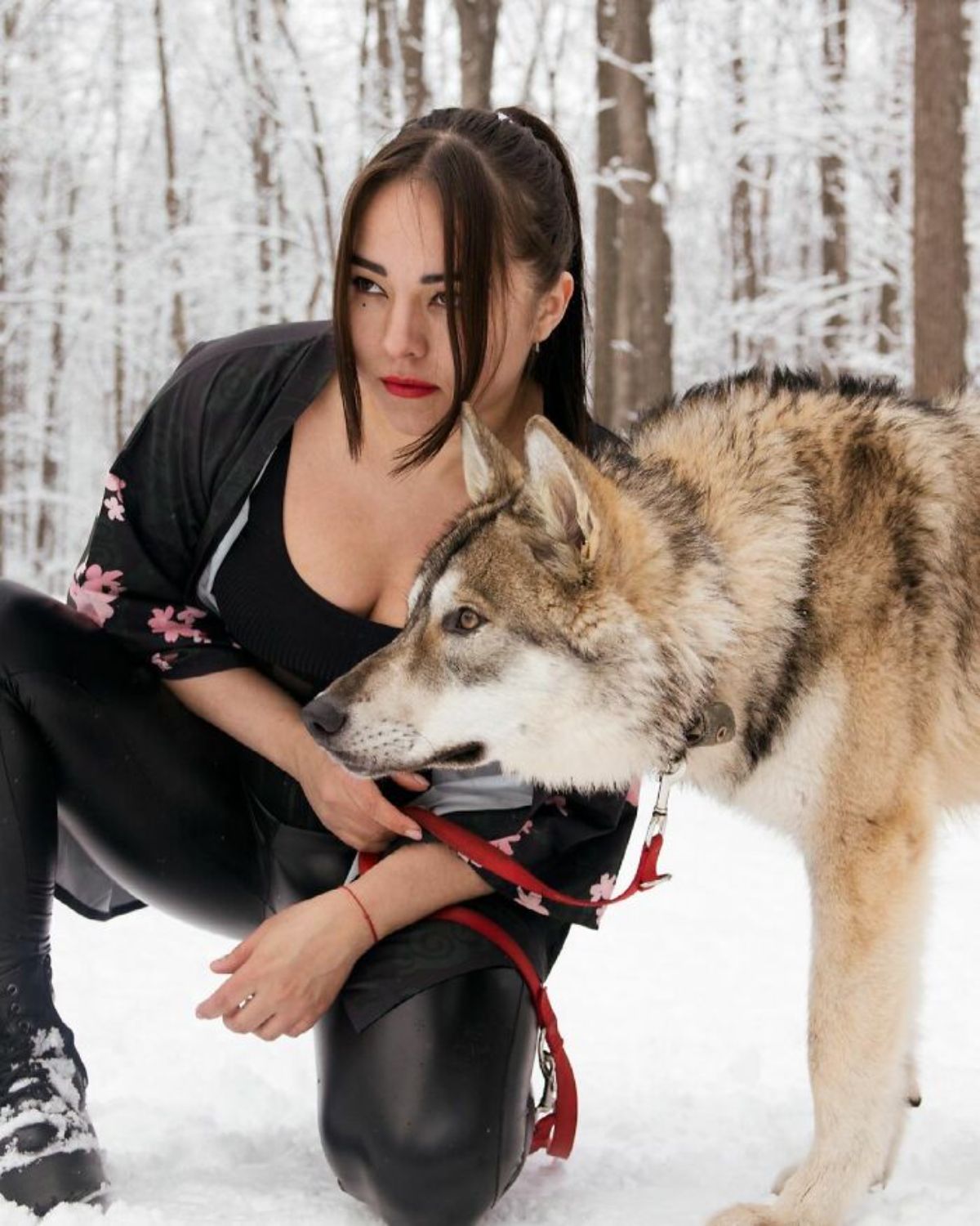 wolf standing next to a woman in black in the snow looking to the left