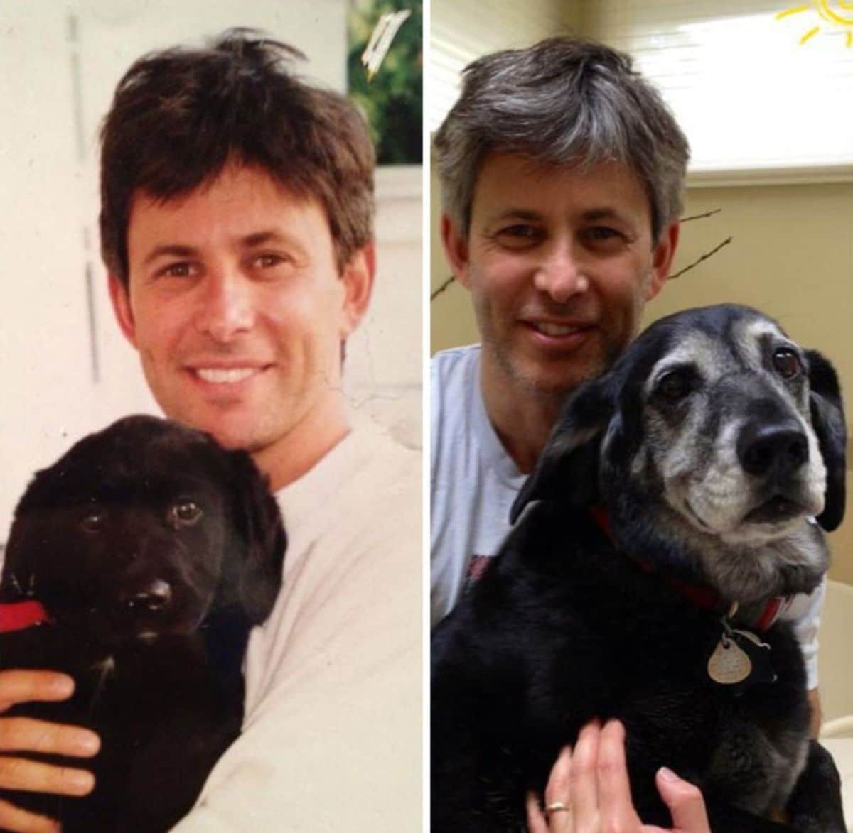 two photos of a man with a black puppy and then a black dog