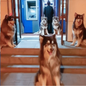 five huskies with a woman at a blue atm