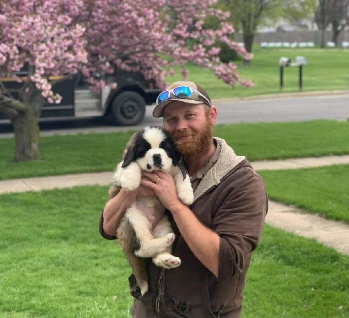 male ups driver holding a a black and white fluffy puppy
