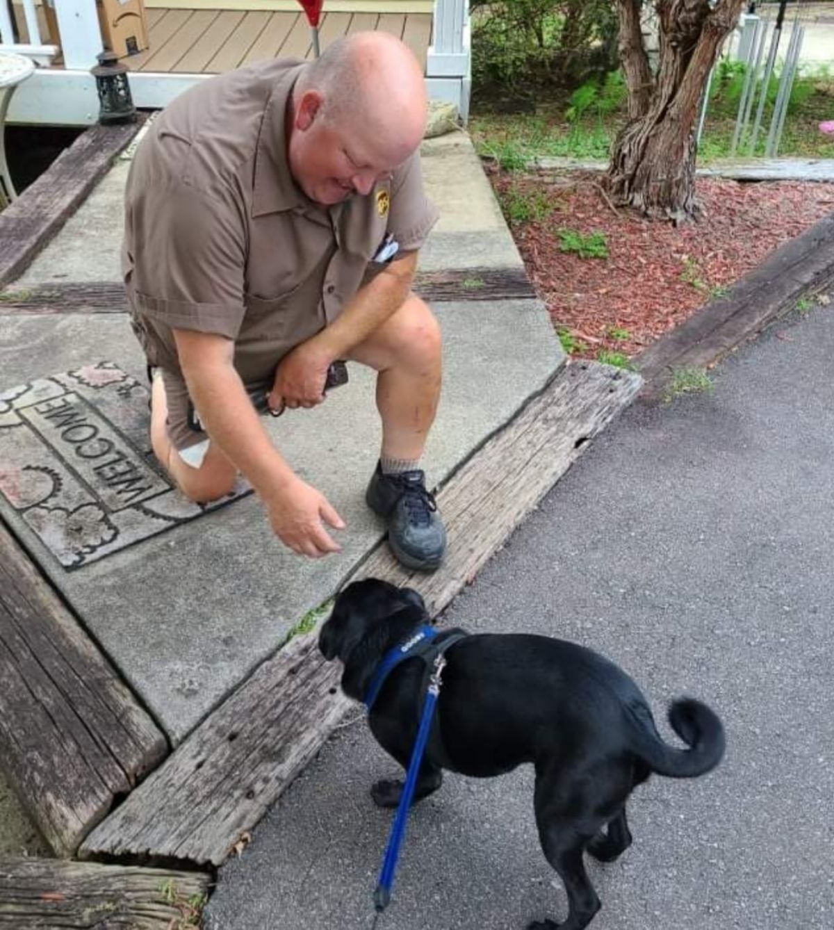 male ups driver kneeling on the ground and petting a small black dog