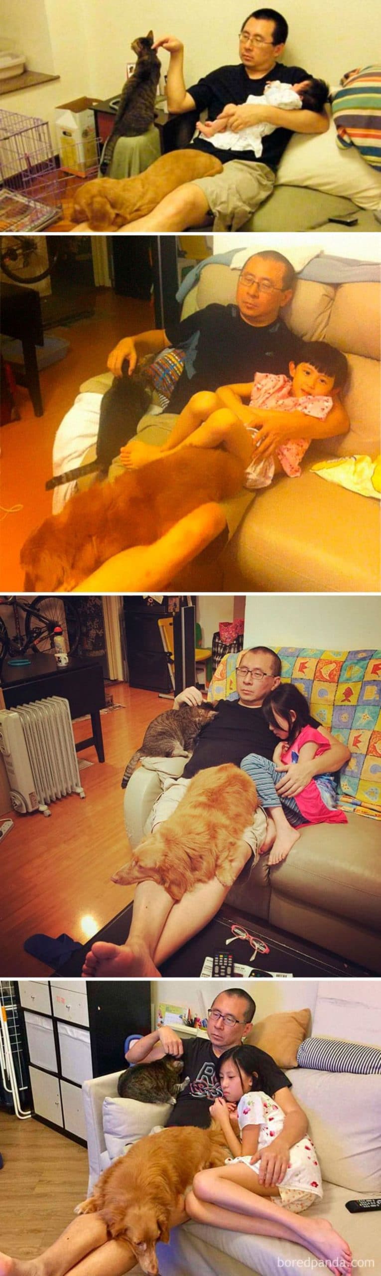 man with his daughter and a cat and a dog