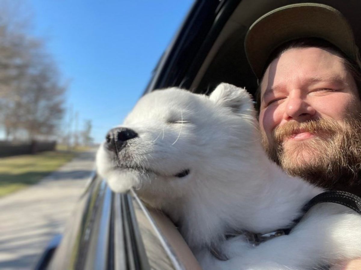a white puppy and man looking and smiling out of a vehicle's window