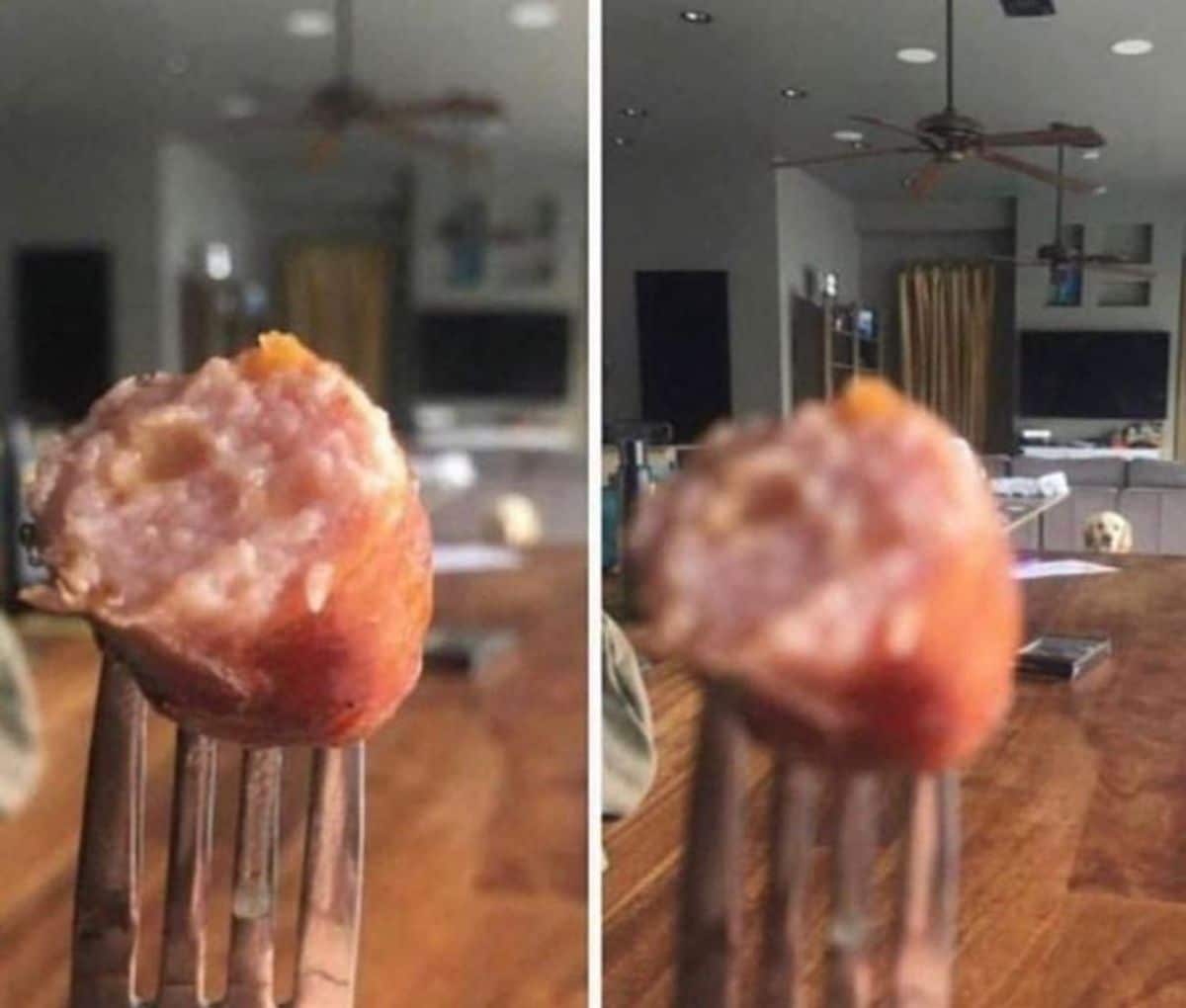 2 photos of a sausage being held up in a fork with a white dog staring at it from further away
