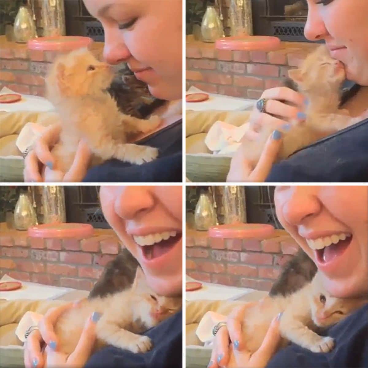 4 photos of an orange kitten on a woman's chest sniffing her and snuggling with her