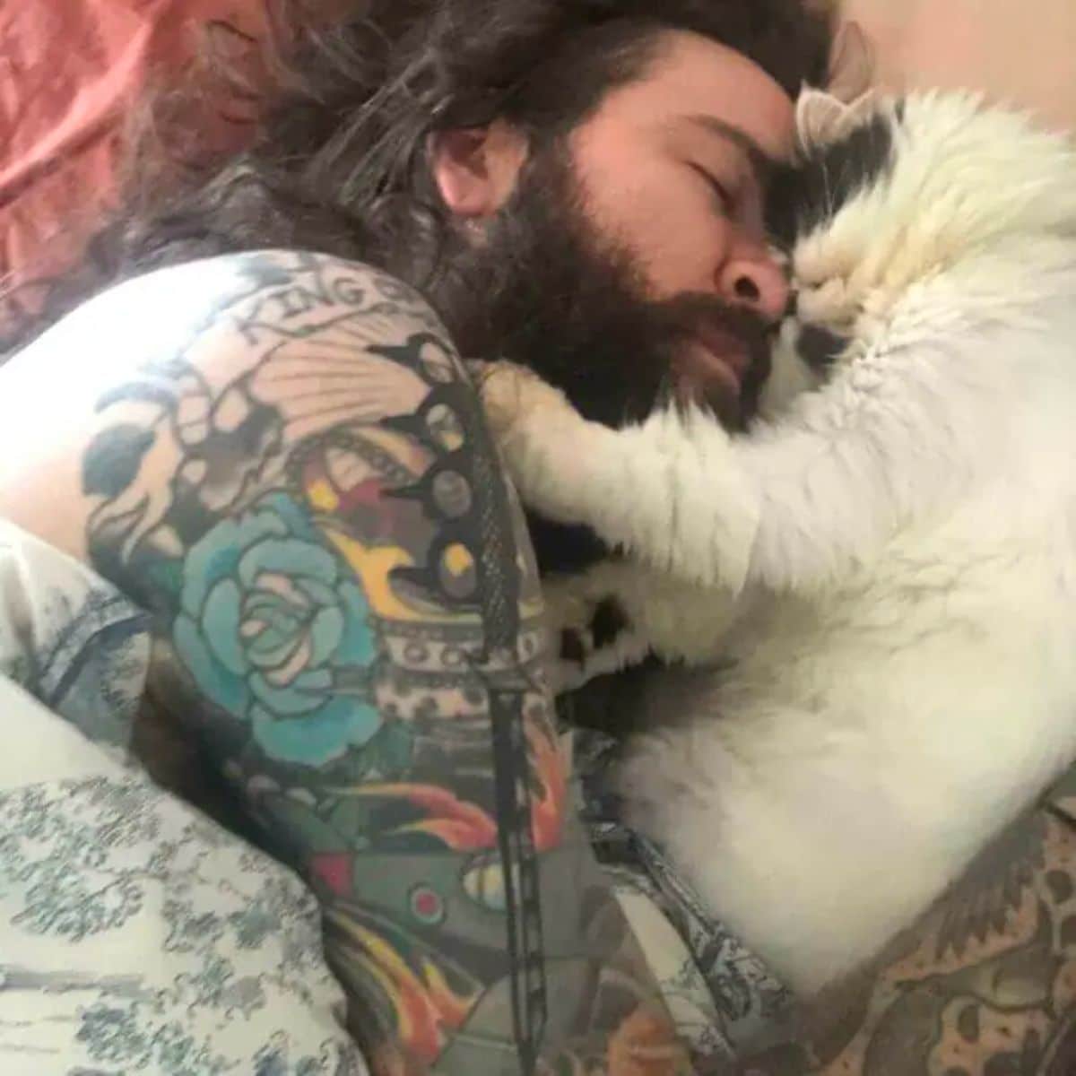 black and white fluffy cat sleeping cuddled up next to a man's face