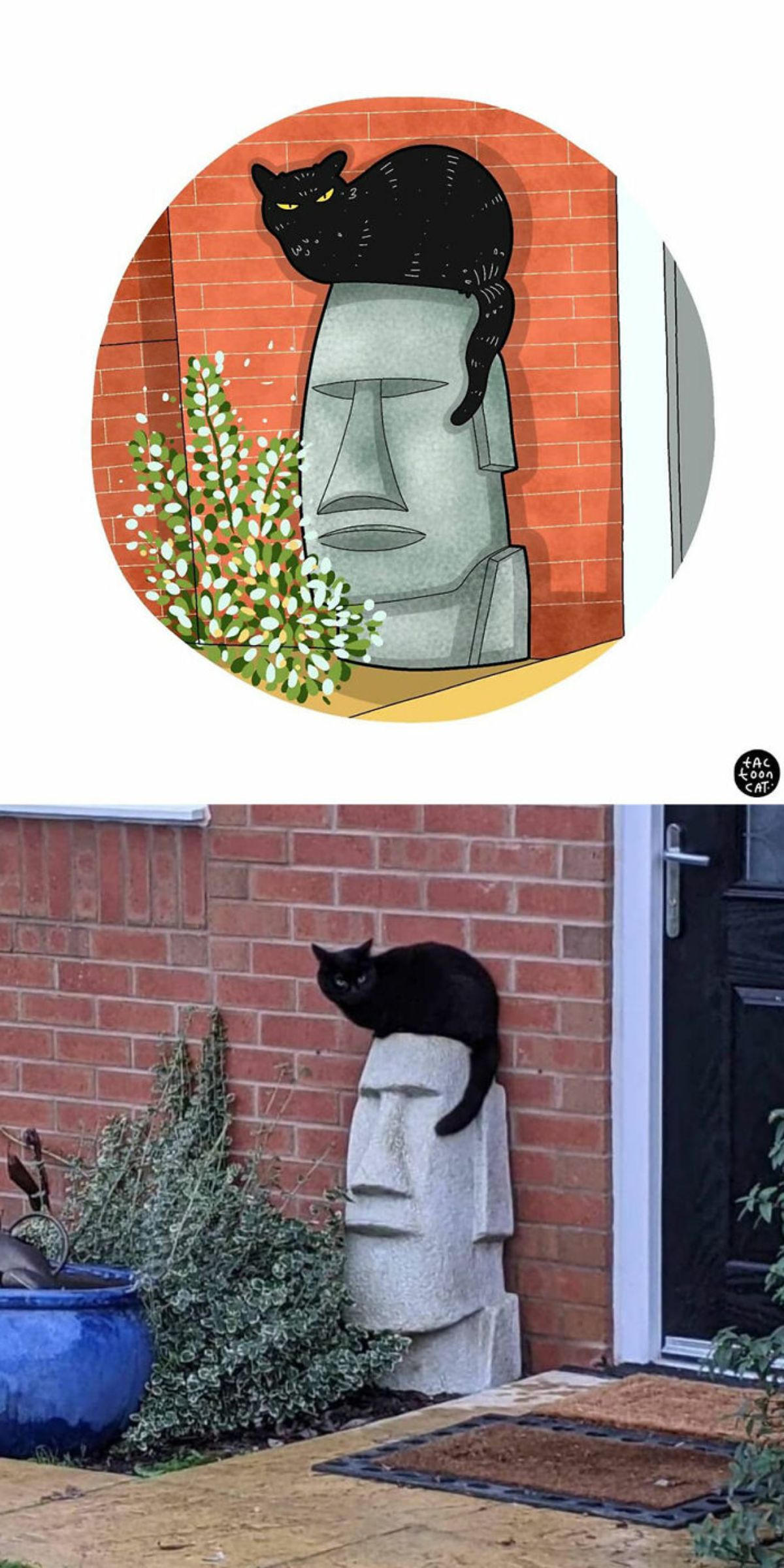 cartoon photo and real photo black cat seated on a small easter island statue in front of a brick wall next to a bush near a door