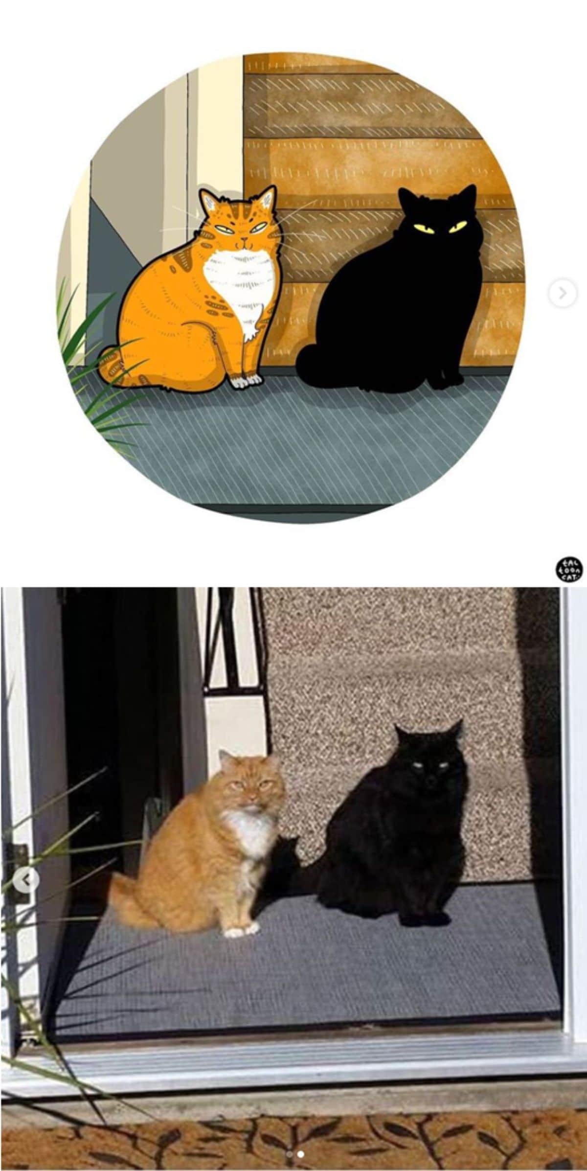 cartoon photo and real photo of an orange and white cat and a black cat sitting at a doorway together