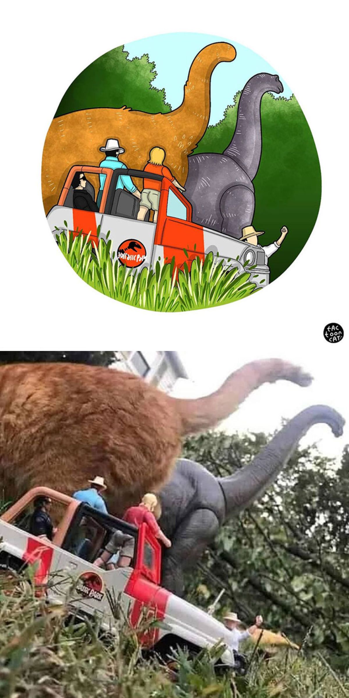cartoon photo and real photo of an orange cat's back and tail next to a jurassic park jeep toy with little people in it and a black dinosaur next to it