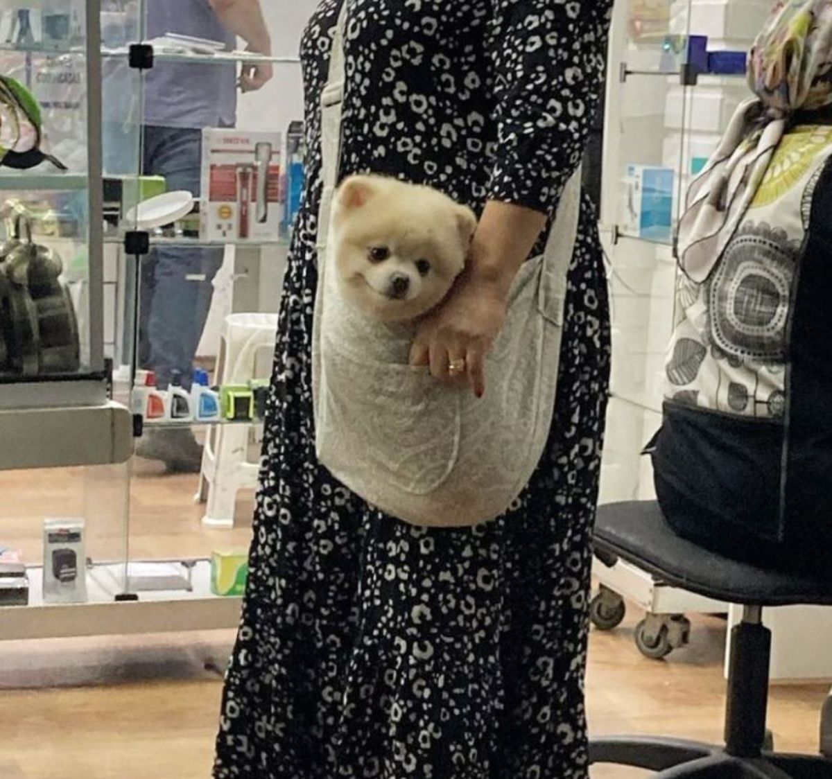 fluffy white dog in a white patterned crossbody bag with its head sticking out worn by someone wearing a black and white dress
