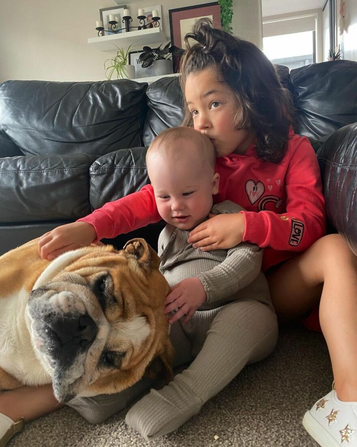 little girl hugging a baby and petting a brown and white bulldog