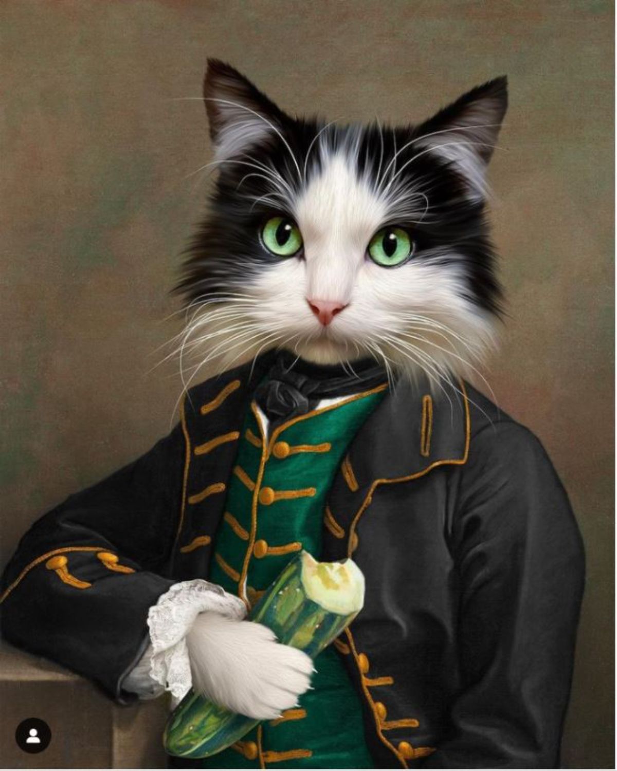 portrait of a black and white fluffy cat in a black coat with gold buttons and green waistcoat with gold buttons holding a cucumber