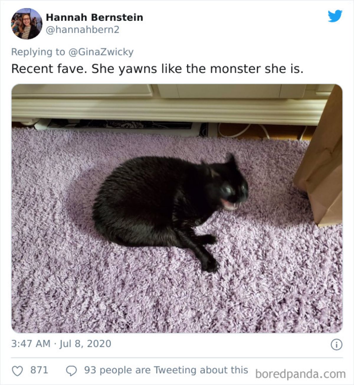 tweet of a blurry black cat with the mouth open on a purple carpet