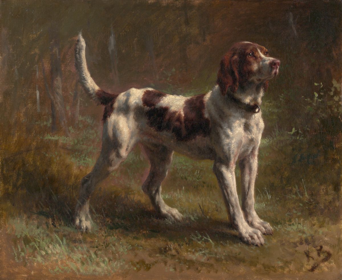 Old painting of white and brown dog standing on grass in forest