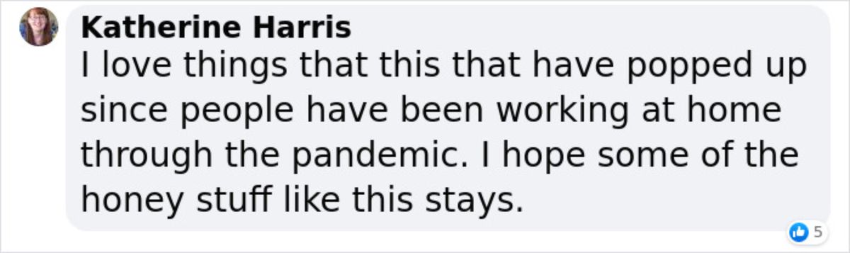 a comment from katherine harris saying that she loves this sort of thing happening in the pandemic and she hopes it continues