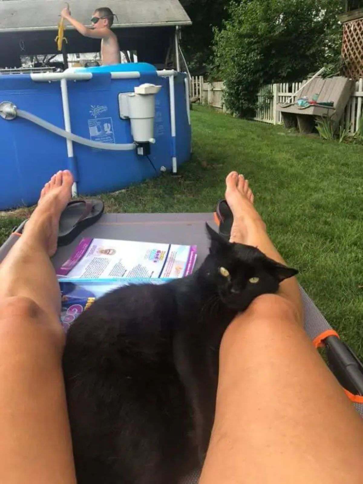 black cat laying on someone's outstretched legs in front of a large blue above-ground pool