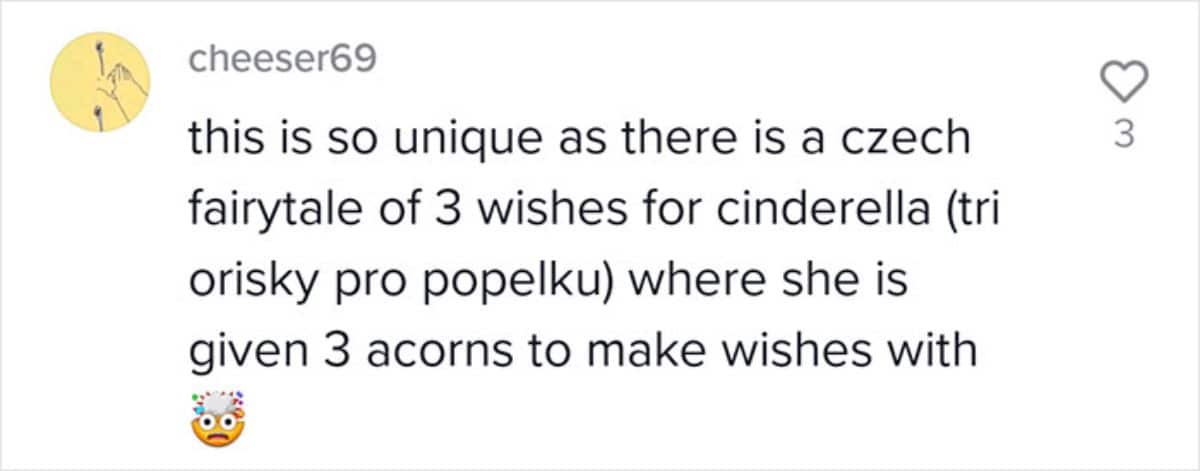 comment saying this is unique and that there's a czech cinderella story called tri orisky pro popelku where you get 3 acorns to make a wish