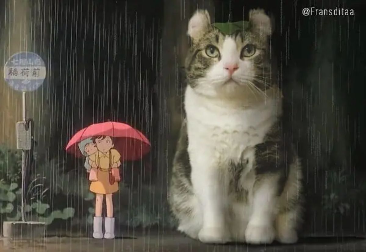 giant photoshopped grey and white cat sitting in an anime raining scene with a large leaf on its head next to 2 girls holding a red umbrella (1)