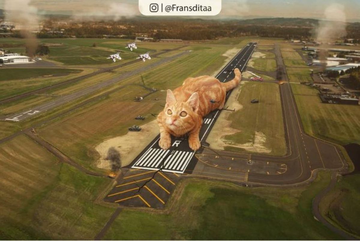 giant photoshopped orange cat laying on a runway with 3 white attack planes coming at it