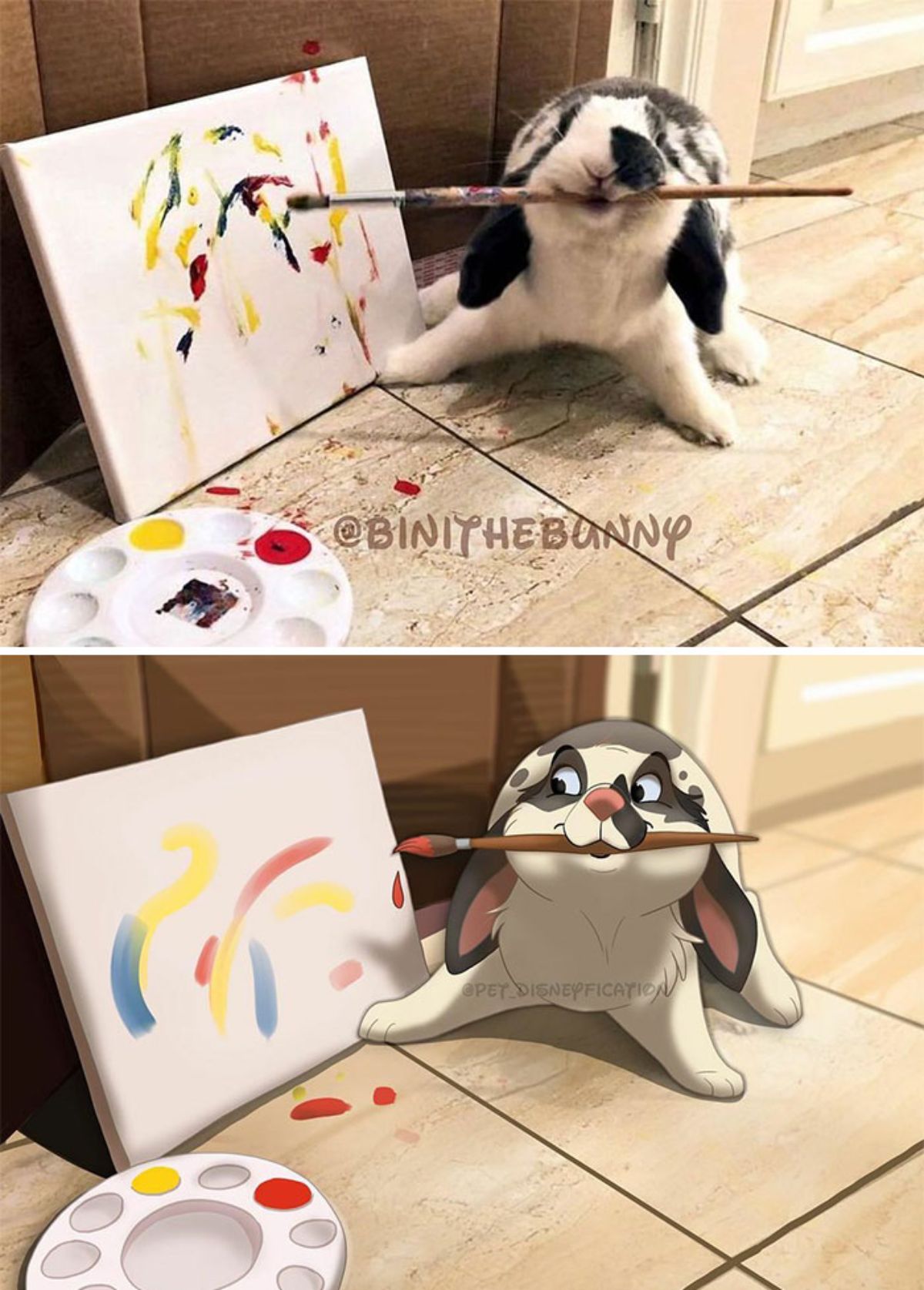 real photo and cartoon image of a black and white bunny holding a paint brush in its mouth next to a canvas painting with splashes of colour