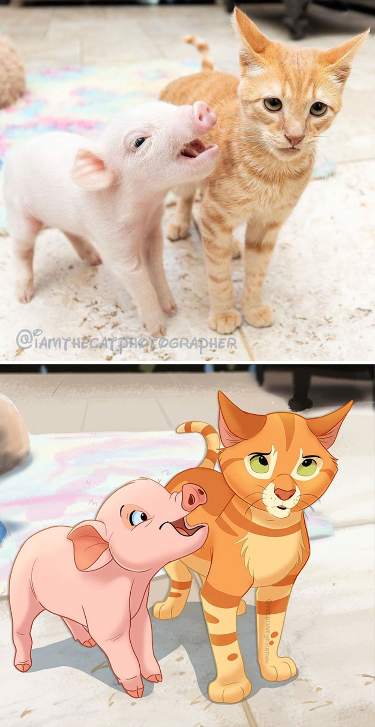 real photo and cartoon image of a piglet standing with an orange kitten