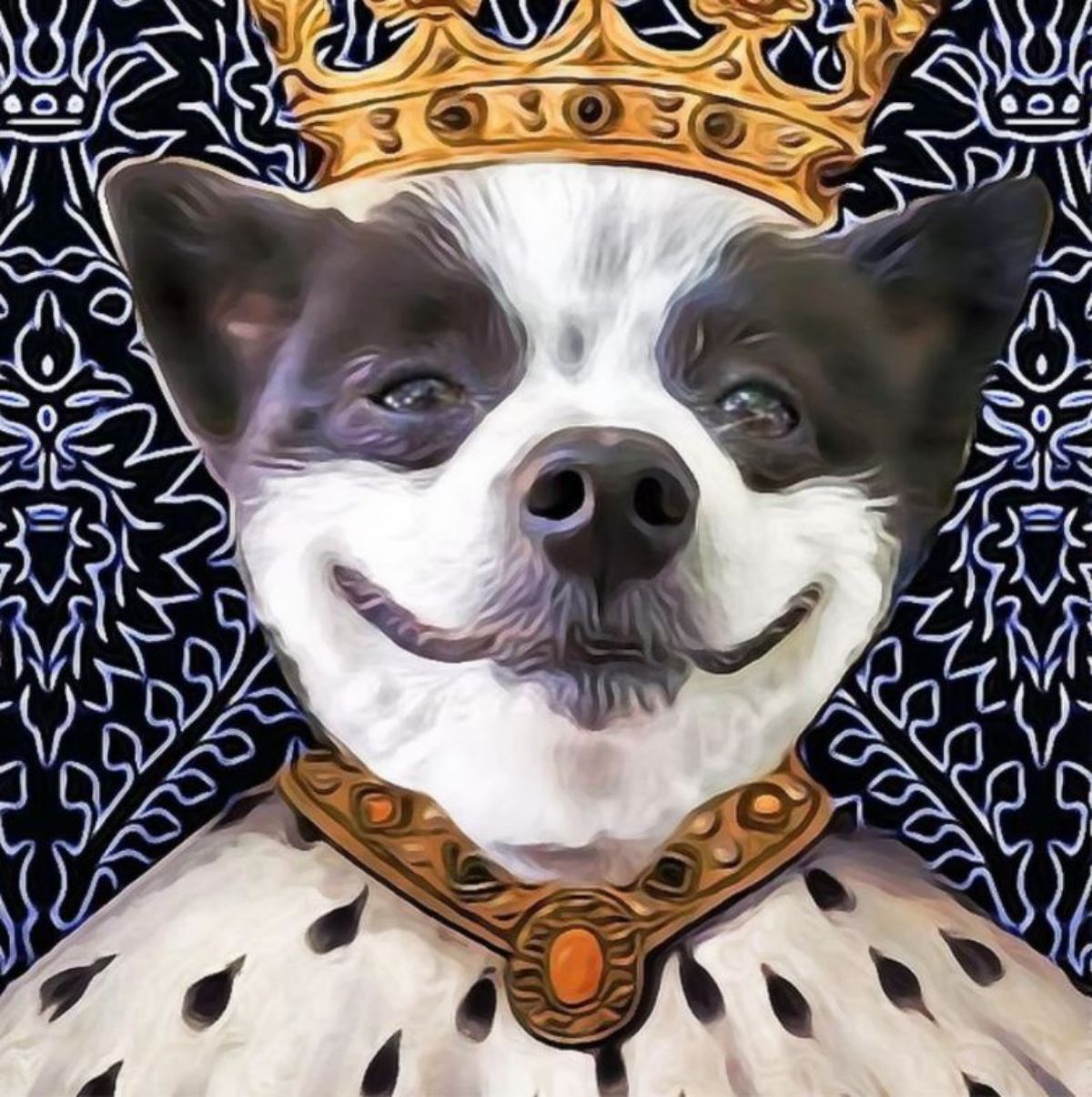 watercolour image of black and white dog who looks like he's smiling wearing a gold crown and royal robes