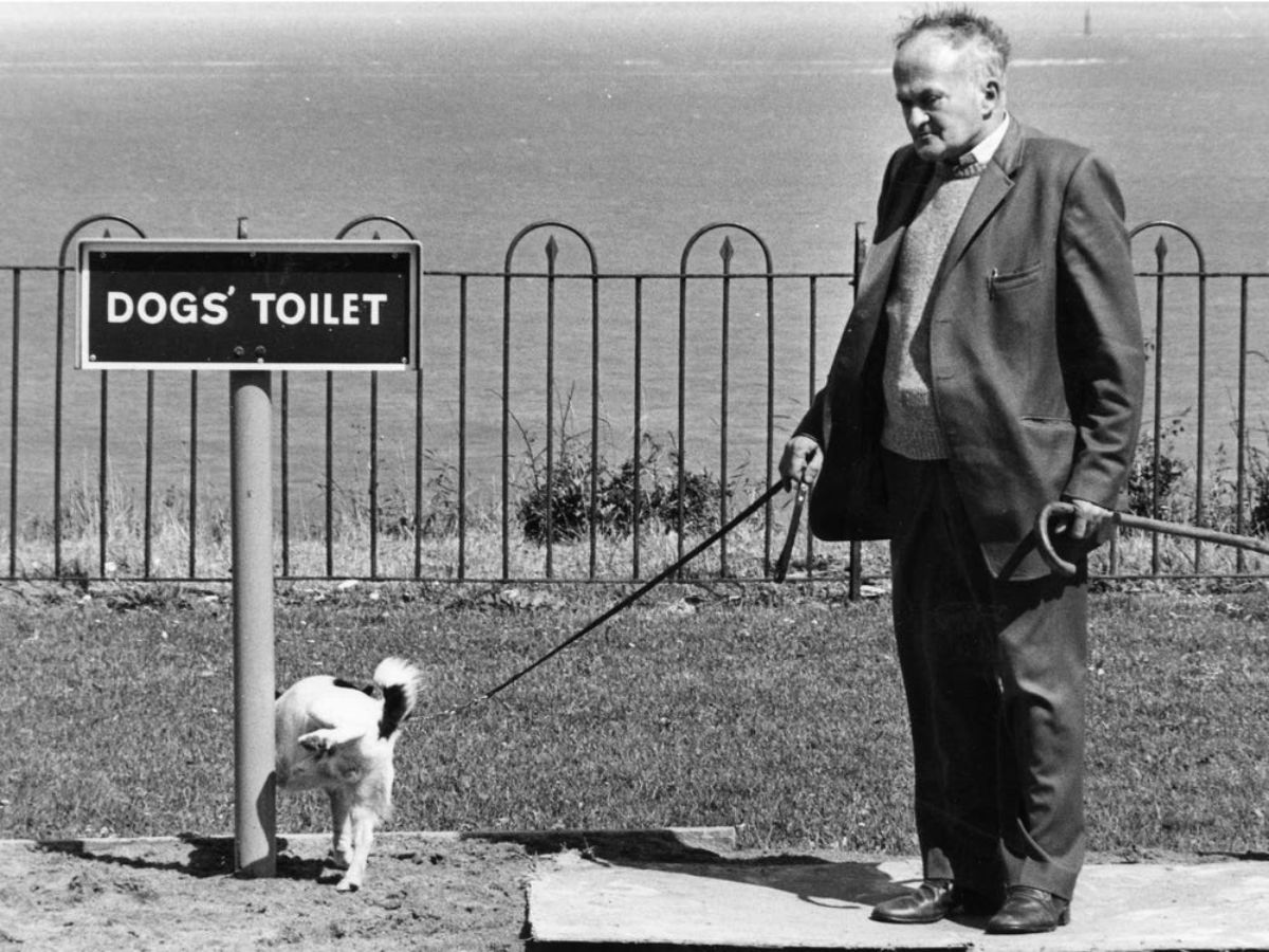 black and white photo of a black and white dog on a leash peeing on a pole with a sign that says dogs' toilet next to a man holding the leash