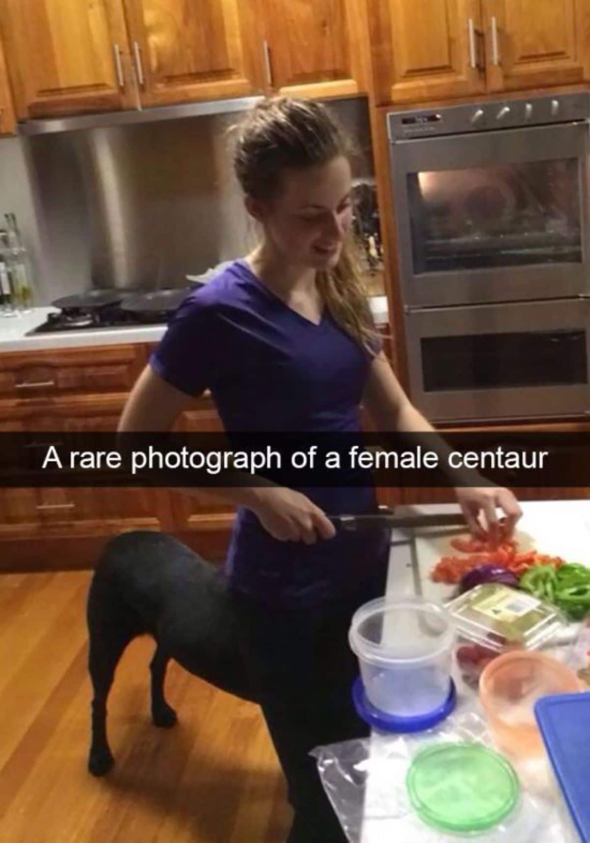 black dog standing behind a woman cutting vegetables at a counter looking like a centaur