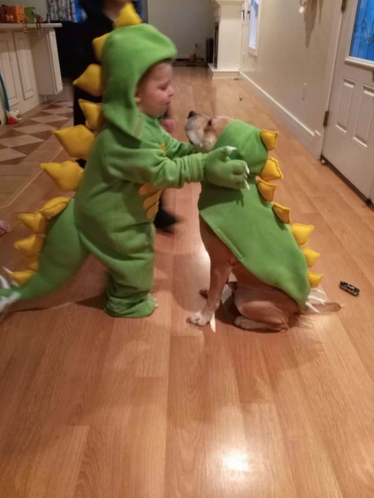 toddler and brown dog both wearing green dinosaur outfit with yellow spikes