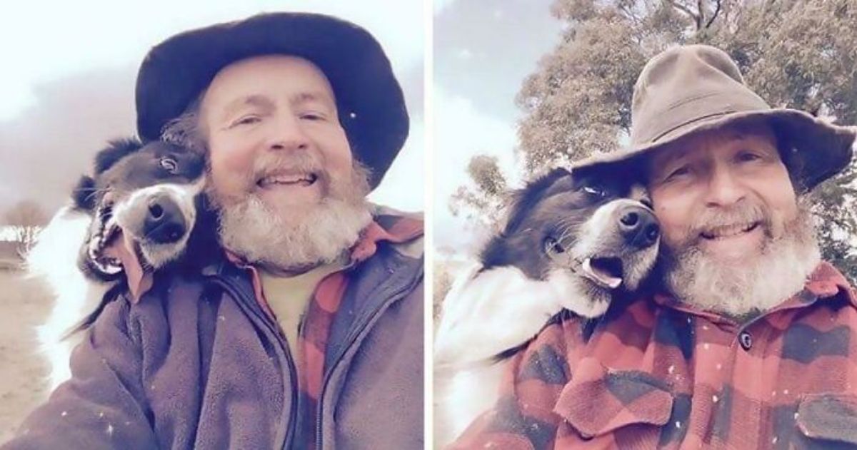2 photos of a black and white dog placing the head on the shoulder of an old man in a hat