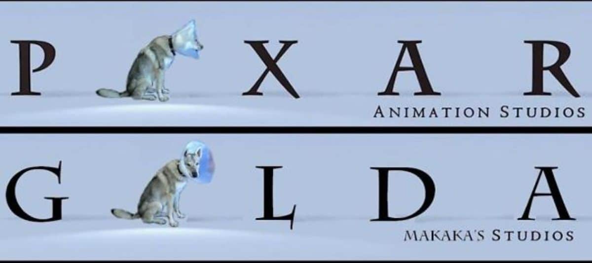 2 photos of a brown and black dog in a cone of shame posing as the I in a PIXAR sign and in a GILDA sign