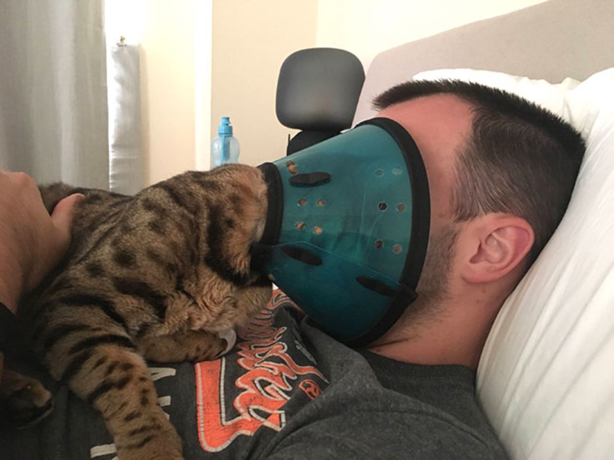 brown tabby cat with a green cone of shame on laying on a man laying down and the cat's face and cone is on the man's face