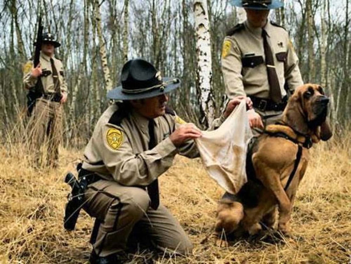 sheriff holding a basset hound and another sheriff holding up dirty white underpants to the dog and the dog is flinching