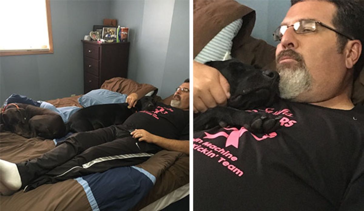 2 photos of a man laying on a bed cuddling a black dog and sleeping