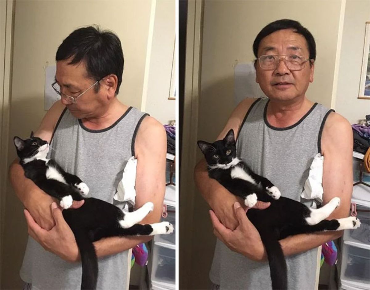 2 photos of an old man holding a black and white cat like a baby
