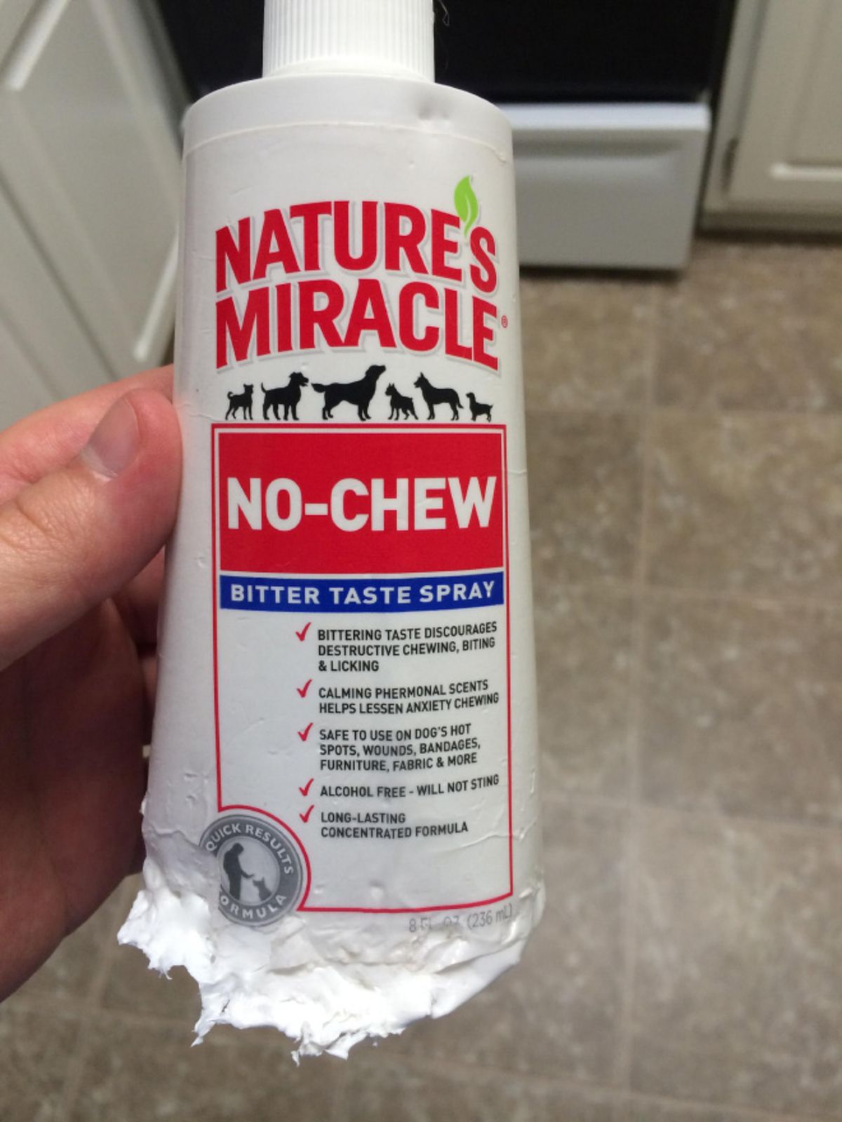 a no chew bitter taste spray bottle for dogs that has the bottom chewed up