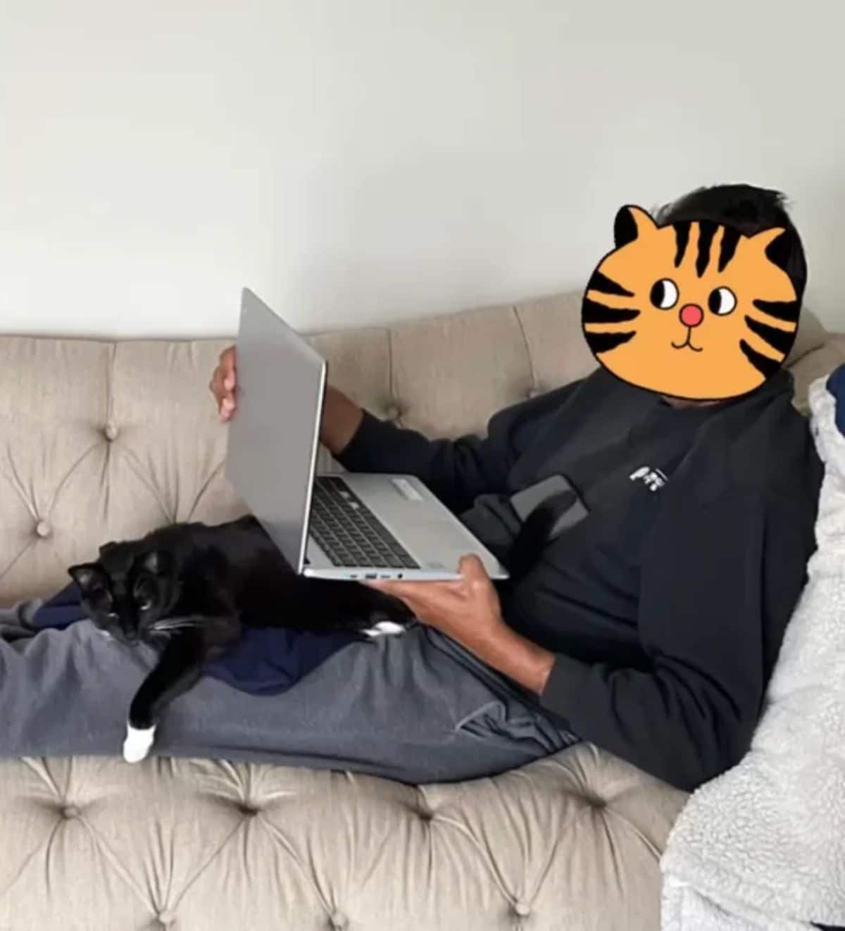black and white cat laying on a man's lap while he works on a silver laptop