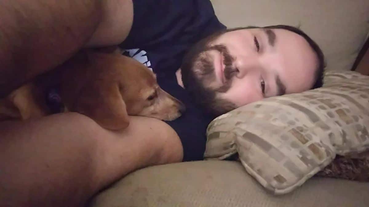 man cuddling in bed with a brown dog