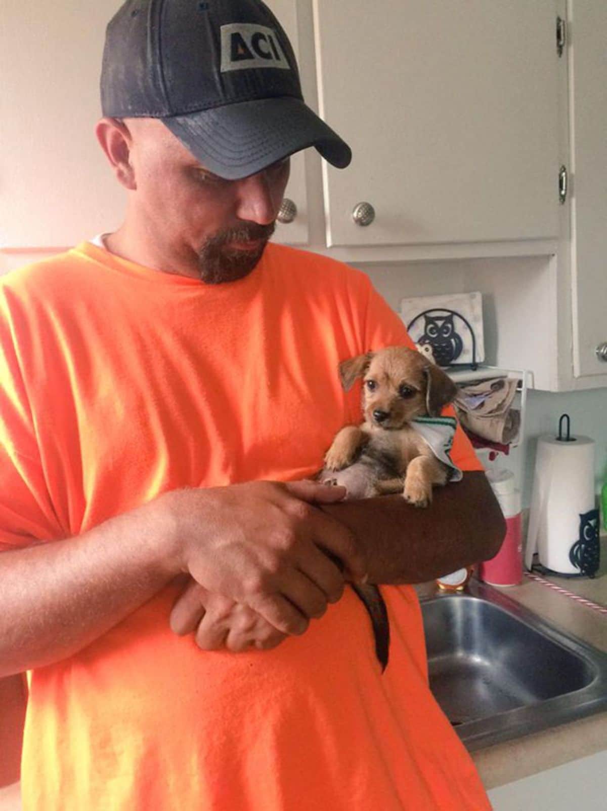 man in an orange shirt holding a small brown puppy in his arms