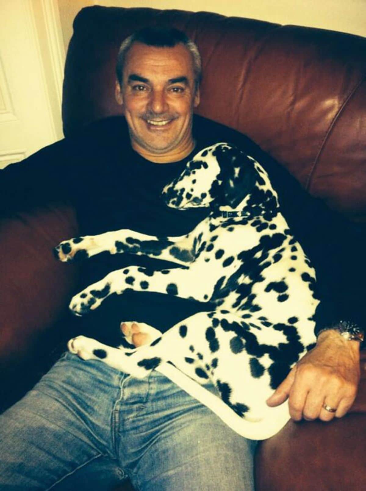 man sitting on brown chair with a dalmation sleeping on him