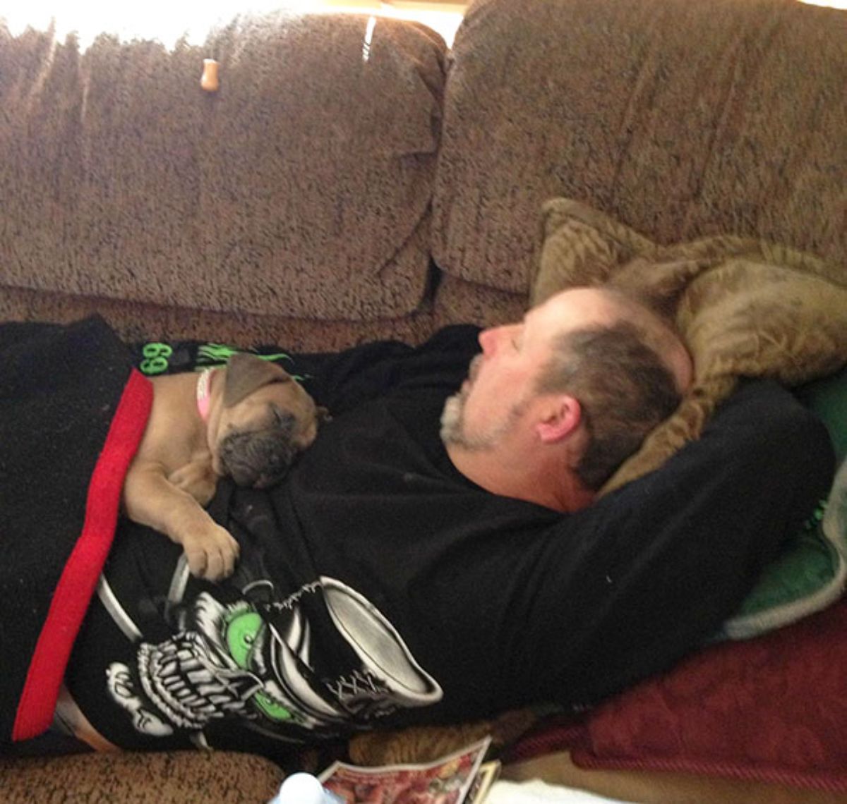 man sleeping on couch with a brown puppy sleeping on his stomach