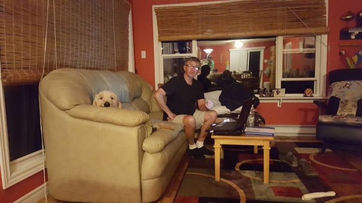 white poodle laying on a brown sofa with a man sitting on the other end