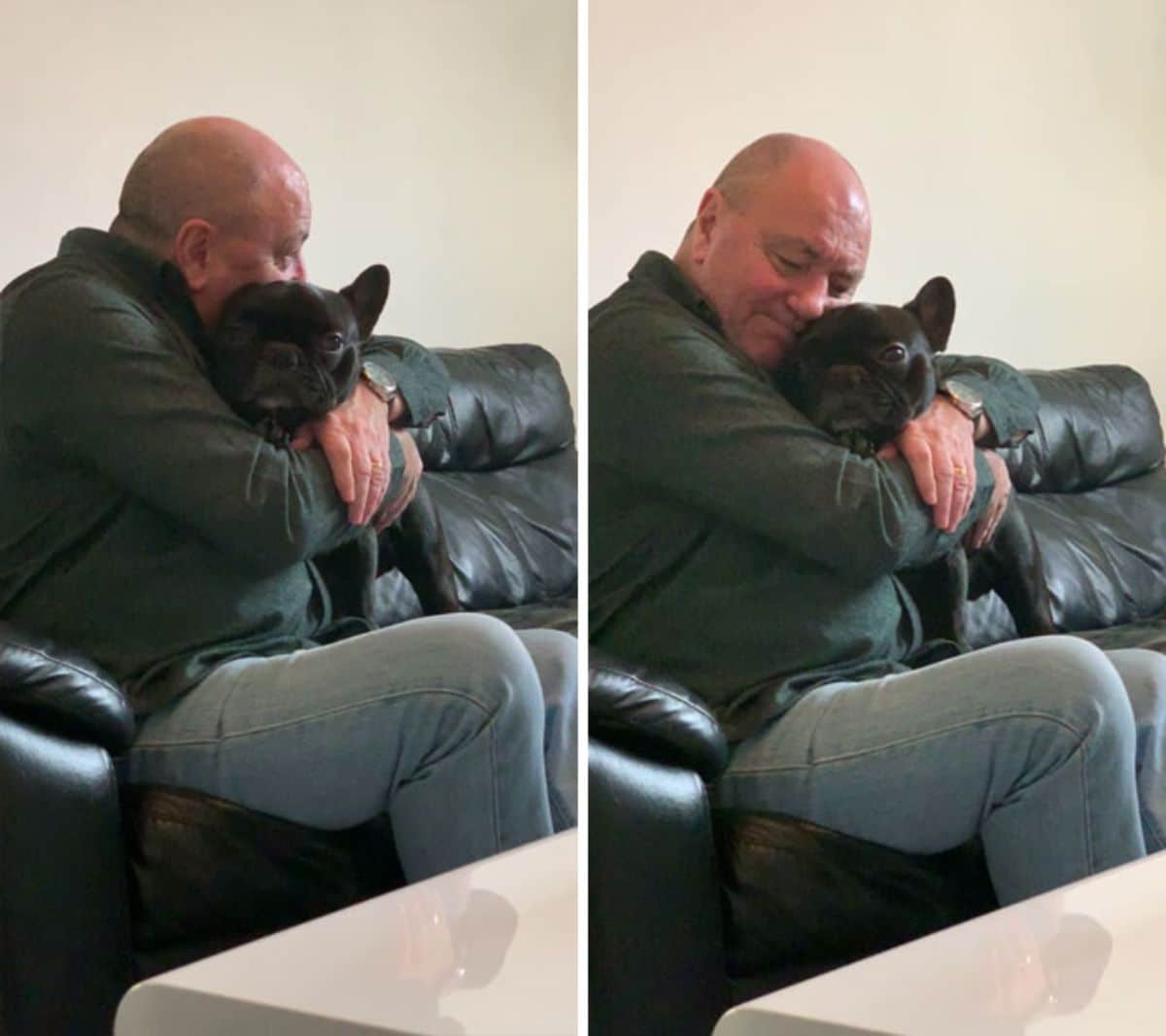 2 photos of a black french bulldog being hugged by an old man