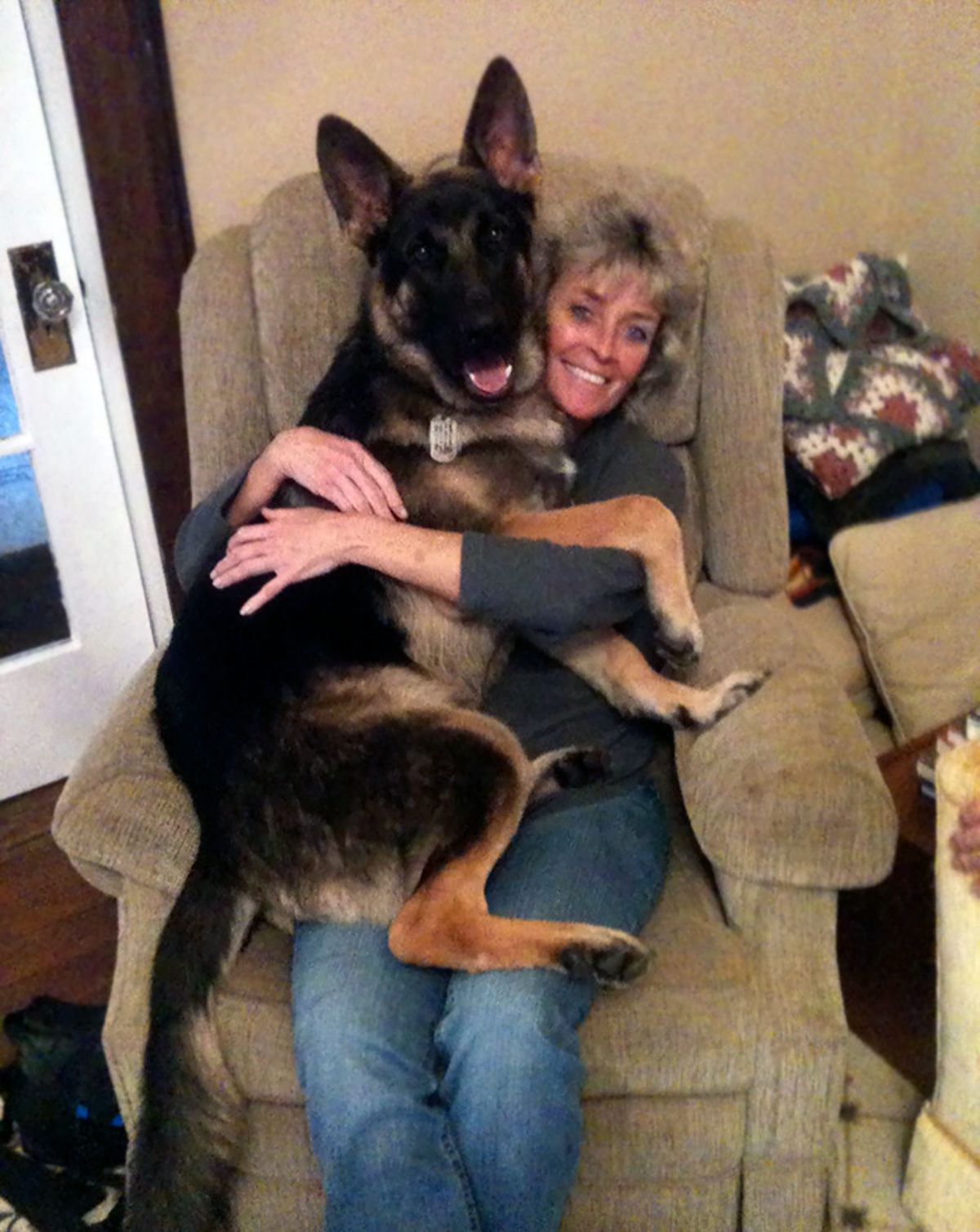 black and brown german shepherd being hugged by a woman sitting on a brown chair