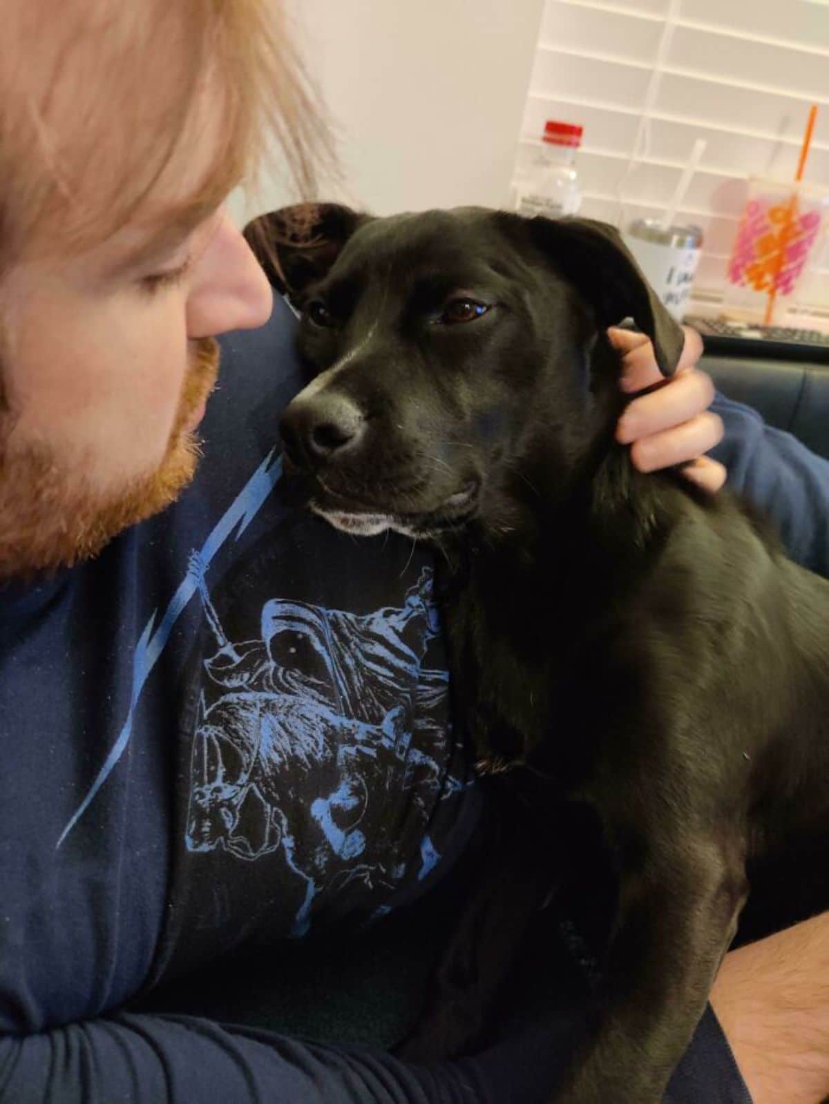 black dog being hugged by a man and looking lovingly at the man