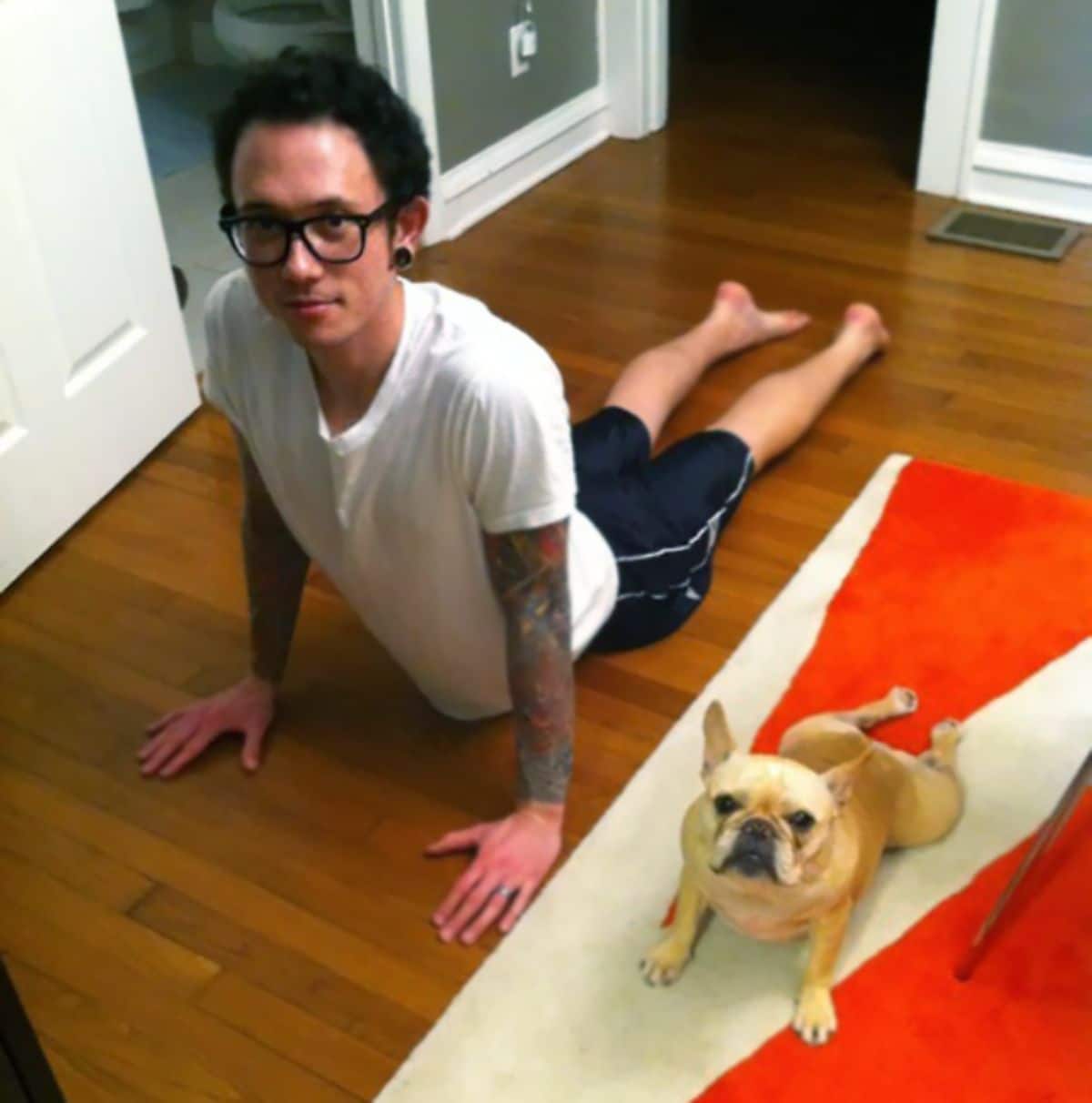 brown and white french bulldog and man doing a cobra yoga pose