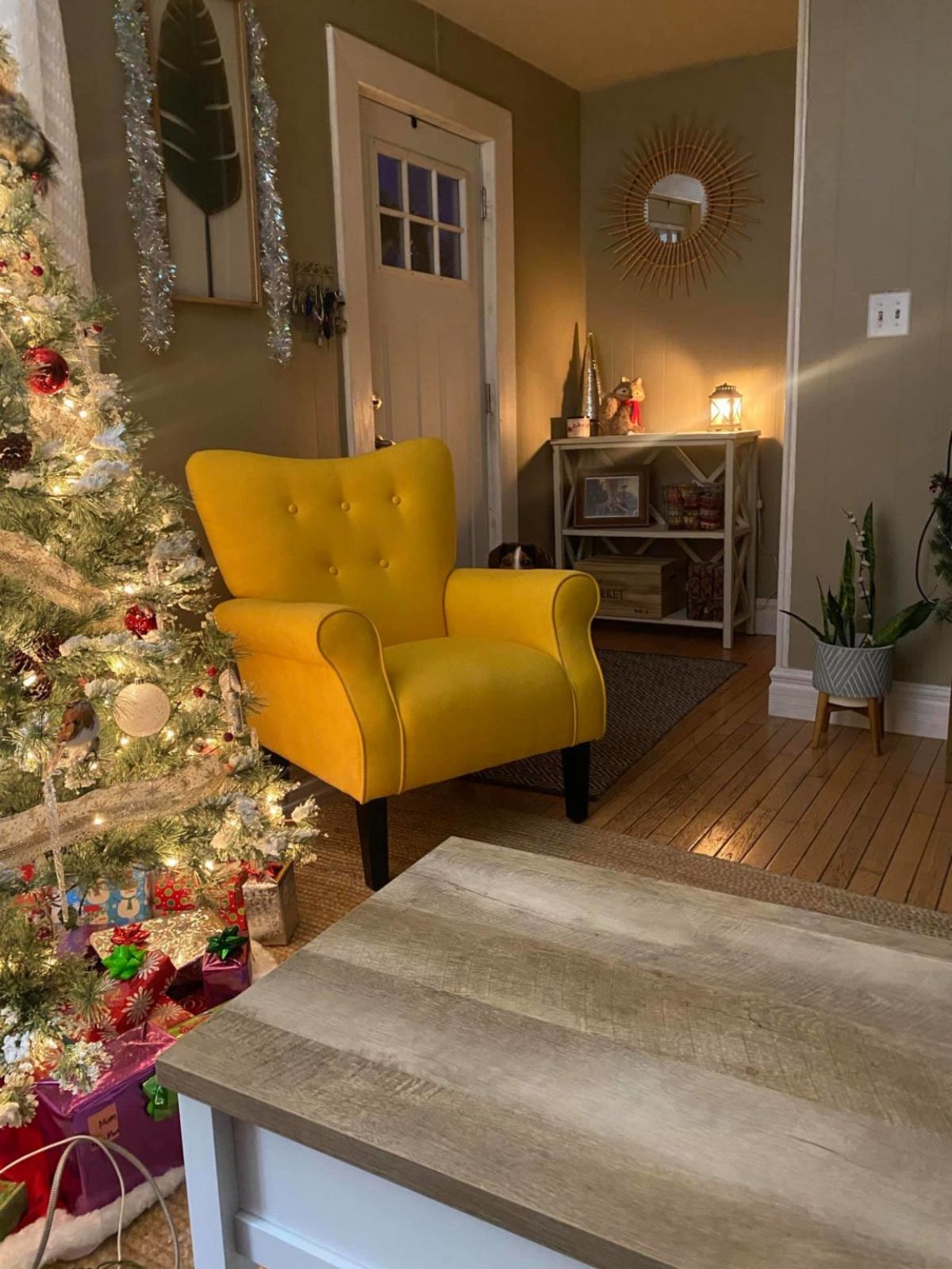 brown black and white dog peeking from behind a yellow chair next to a christmas tree