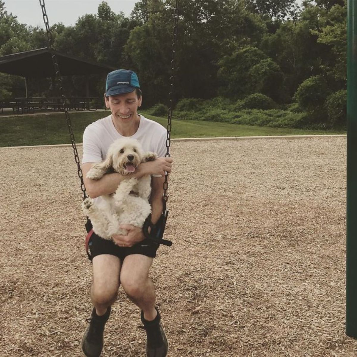 curly-haired white dog being held on a man going on a swing