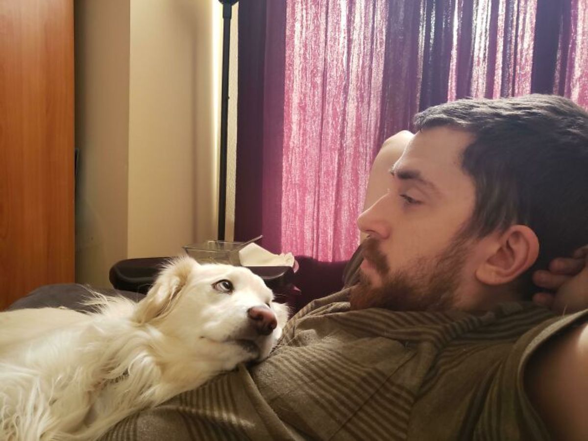 fluffy white dog laying on a man's chest and looking up lovingly