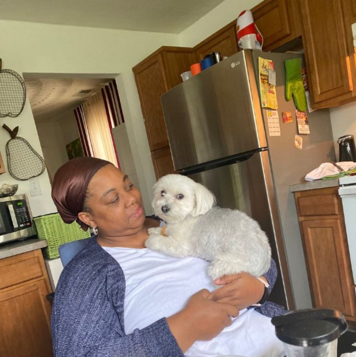 small white dog laying on a woman's chest